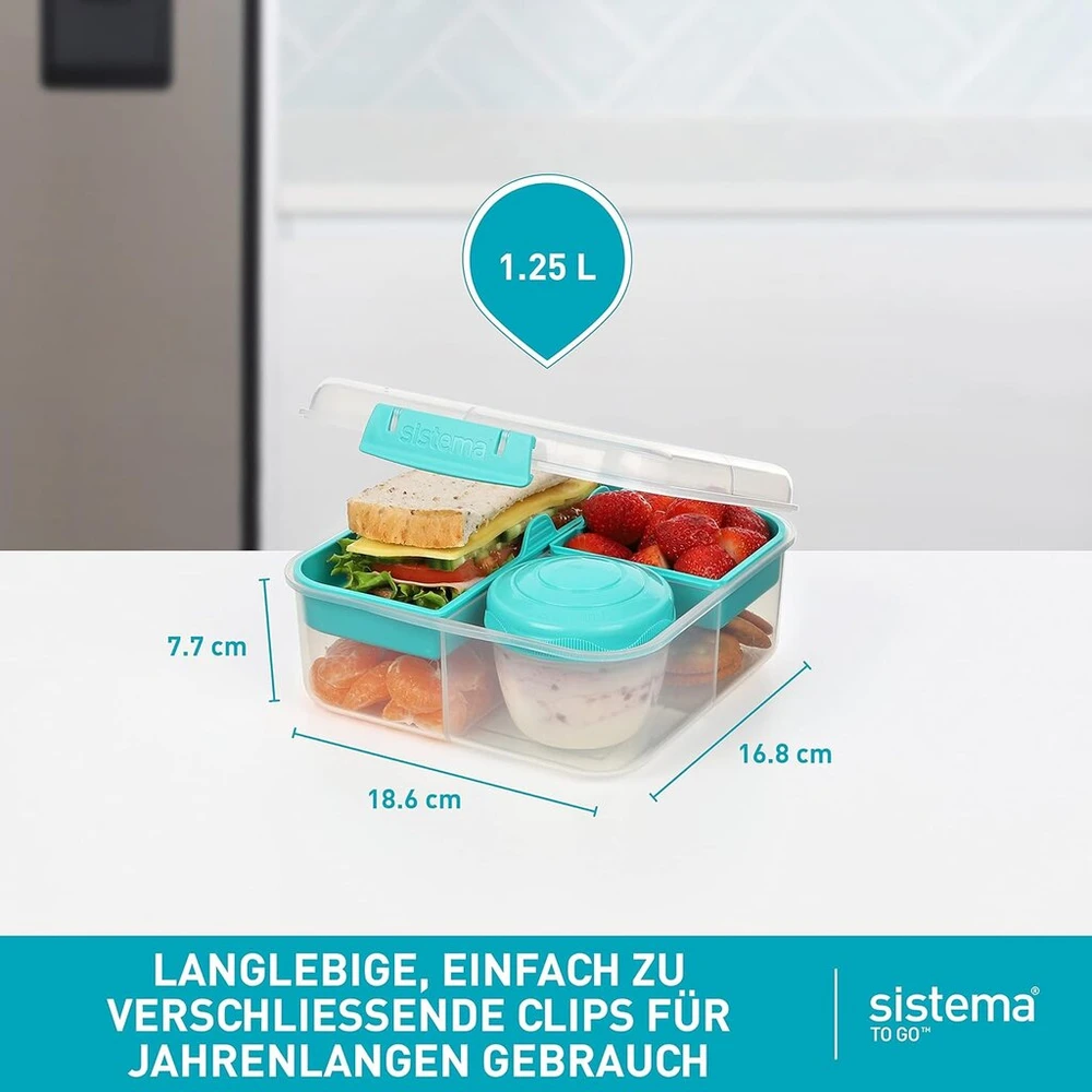 Sistema Bento Box To Go pietų dėžutė su skyreliais, 1.25 L pietų dėžutė su jogurto/vaisių indeliu, vaikams ir suaugusiems, be Bpa, mėtų žalsva [21685-8t], mėtų žalia