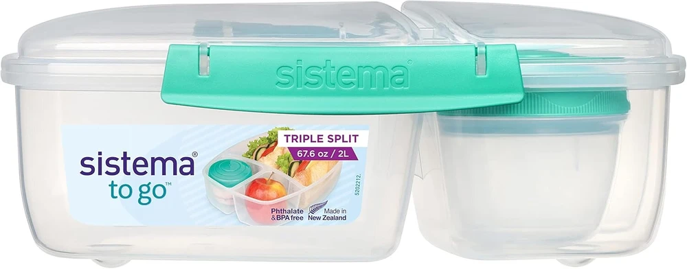 Sistema To Go Triple Split priešpiečių dėžutė su jogurto indeliu, 2 l, sandari ir sukraunama priešpiečių dėžutė vaikams ir suaugusiems, be Bpa, turkio spalvos
