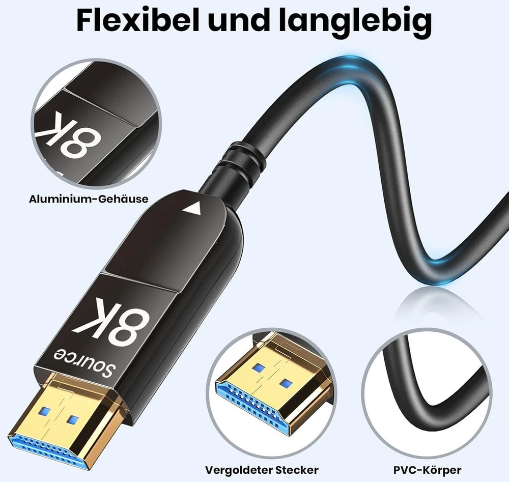 Siwket 8k Hdmi šviesolaidinis kabelis 20m, optinis Hdmi 2.1 kabelis 48gbps itin didelis greitis 8k @ 60hz 4k @ 120hz dinaminis Hdr Earc Dolby Hdcp 2.2 ir 2.3, skirtas Hdtv/projektoriui/namų Kinui/tv priedėliui/žaidimų konsolei