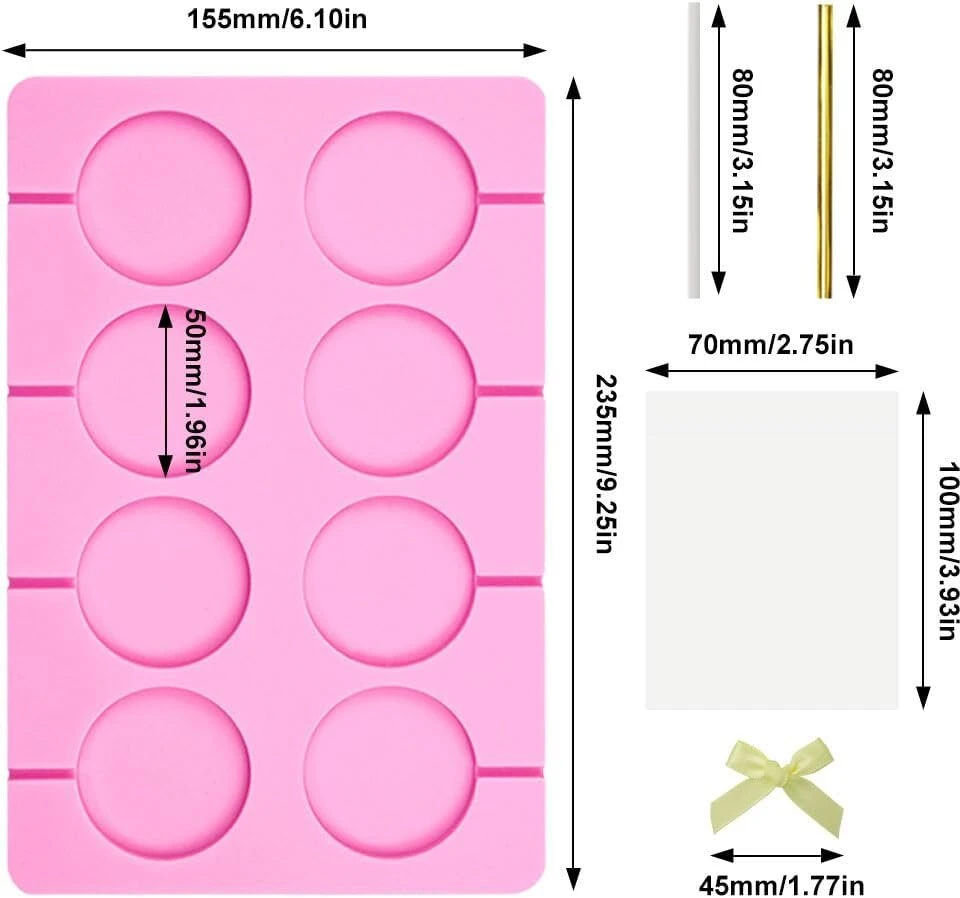 Sixfolo 2 silikoninių ledinukų formų rinkinys, 8 lizdų apvalios silikoninės ledinukų formos, šokoladinių saldainių forma su 120 kaspinų, 60 ledinukų pagaliukų, 60 maišelių saldainiams, pyragams, šokoladui, žele