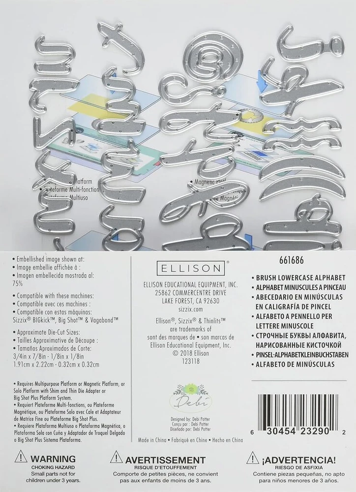 Sizzix Thinlits rinkinys 38pk-brush mažosios raidės Alpha, autorė Debi Potter, metalas, įvairiaspalvis, 26.5 x 13 x 0.2 cm