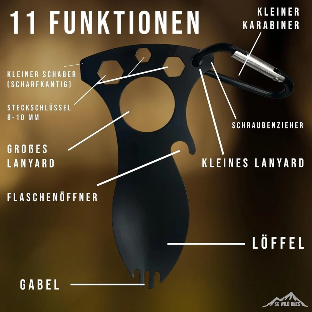 Sk wild ones® lauko šaukštas-šakutė - nerūdijantis plienas su 11 funkcijų - bushcraft šakutės šaukšto stovyklavimo rinkinys - kelioninių įrankių rinkinys - daugiafunkcis stovyklavimas - lauko vanlife priedų rinkinys stovyklavimui