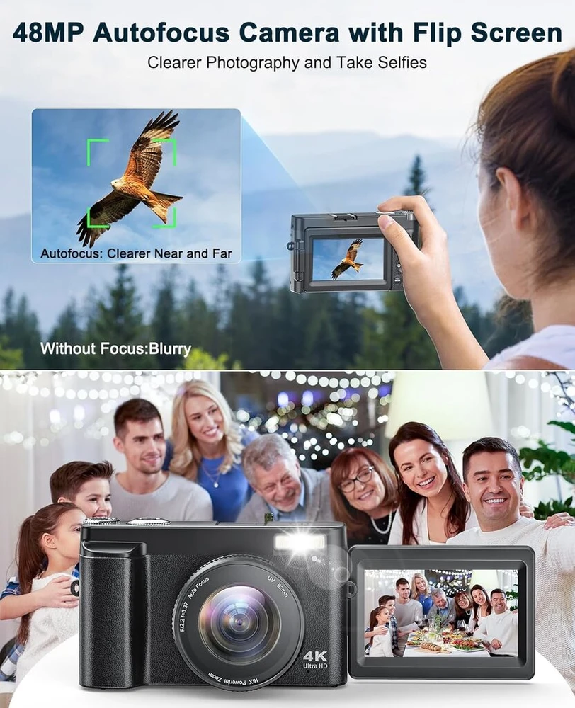 Skaitmeninis fotoaparatas 4k 48mp 16x priartinimas su 32gb kortele Kompaktiškas fotoaparatas su 3 colių atlenkiamu ekranu Automatinis fokusavimas Blykstė Apsauga nuo drebėjimo Vlog kamera Asmenukės pradedantiesiems