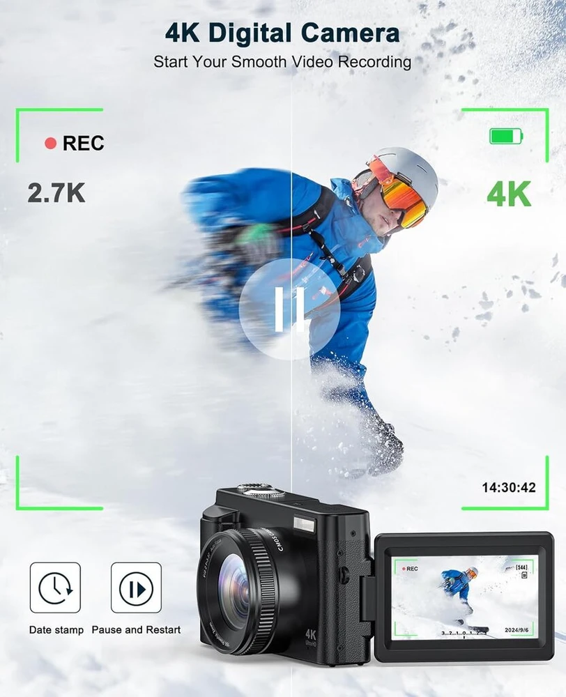 Skaitmeninis fotoaparatas 4k 48mp 16x priartinimas su 32gb kortele Kompaktiškas fotoaparatas su 3 colių atlenkiamu ekranu Automatinis fokusavimas Blykstė Apsauga nuo drebėjimo Vlog kamera Asmenukės pradedantiesiems
