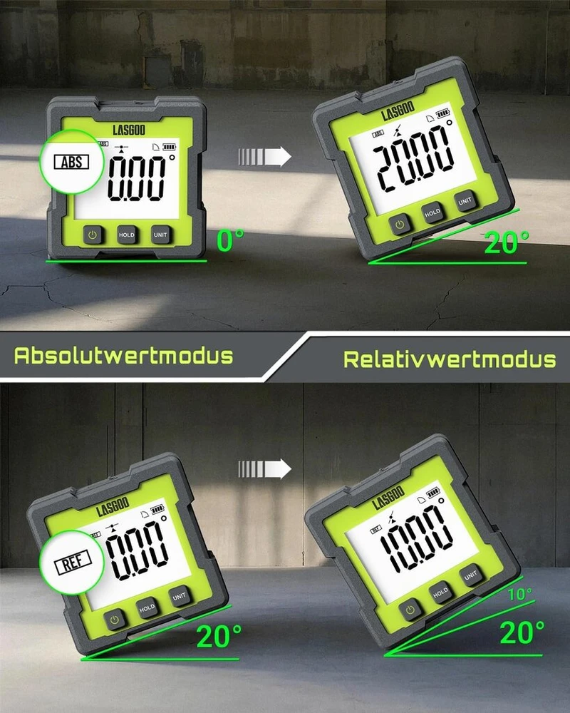 Skaitmeninis kampo ieškiklis, 0–360° matuoklis, įkraunamas magnetinis inklinometras su lcd ekranu, 4 matavimo vienetai, skirti dailidžių, statybos, mūro ir automobilių pramonei