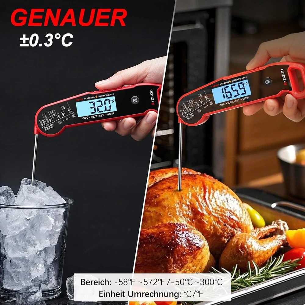 Skaitmeninis mėsos termometras, 1 sek., ±0.3°c, Ip67, raudonas