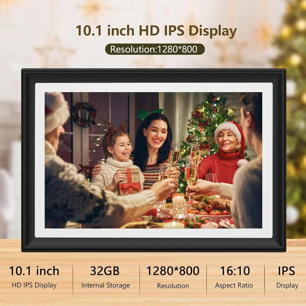 Skaitmeninis nuotraukų rėmelis su 32 gb, 10.1 colio wifi hd ips jutikliniu ekranu, nuotraukų ar vaizdo įrašų siuntimas per programėlę arba el. paštu, usb atmintinės / sd kortelės palaikymas atminties išplėtimui, automatinis pasukimas