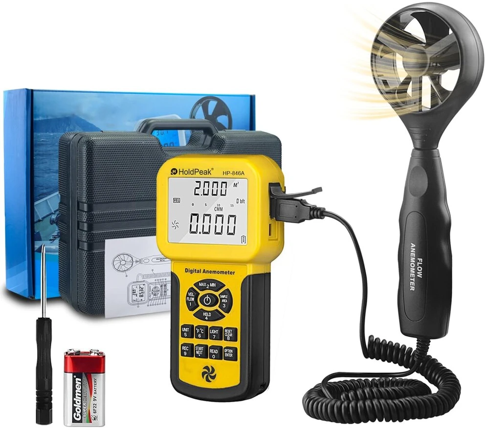 Skaitmeninis vėjo matuoklis Hp-846a, cfm anemometras hvac vėjo matuoklis matuoja vėjo greitį/temperatūrą/vėjo srautą, su usb jungtimi