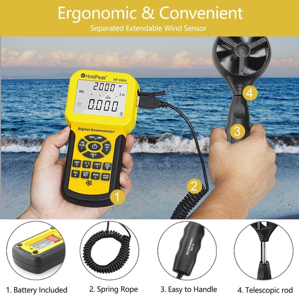 Skaitmeninis vėjo matuoklis Hp-846a, cfm anemometras hvac vėjo matuoklis matuoja vėjo greitį/temperatūrą/vėjo srautą, su usb jungtimi