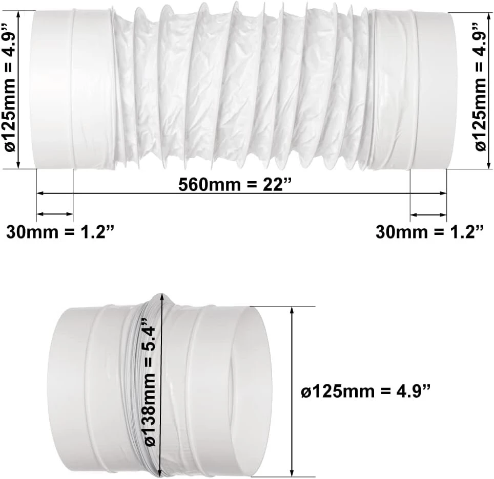 Skersmuo 125 mm 0,5 m ilgio balta lanksti žarna lanksti žarna pvc – žarnos ištraukimo gaubtas