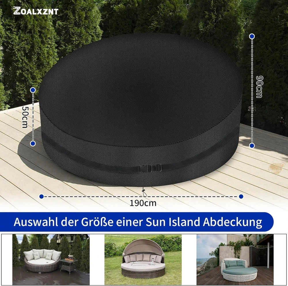 Lauko baldų komplektas Skersmuo 190 cm saulės salos uždangalas, neperšlampamas, apsauginis uždangalas apvaliai saulės salai su raišteliu ir reguliuojamomis sagtimis, saulės salos uždangalas 420d Oxford audinys (50 x 90 x 190 cm, juodas)