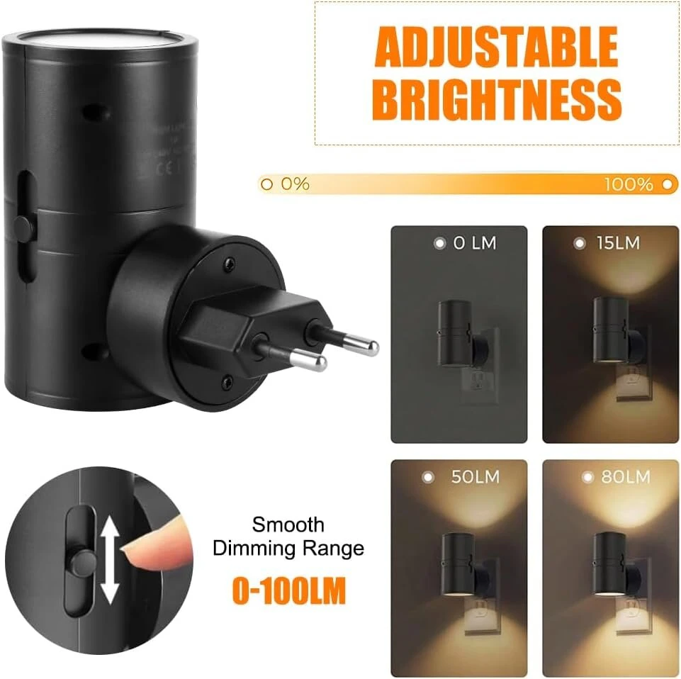 Skikhn naktinė lemputė į lizdą, 2 x led sieninis šviestuvas, šilta balta šviesa, 0–100 lm, pritemdoma naktinė lemputė, reguliuojamas ryškumas, led naktinės lemputės lizdas su prieblandos jutikliu koridoriui, miegamajam, laiptinei, virtuvei