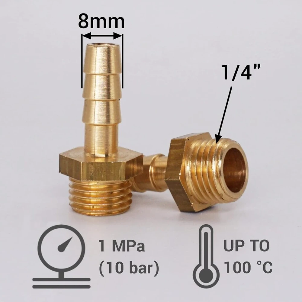 Skir'co (1 vnt.) žalvarinė jungtis su sriegiu, 1/4 colio x 8 mm, žarnos jungties adapteris, žarnos galo jungtis, bsp sriegis