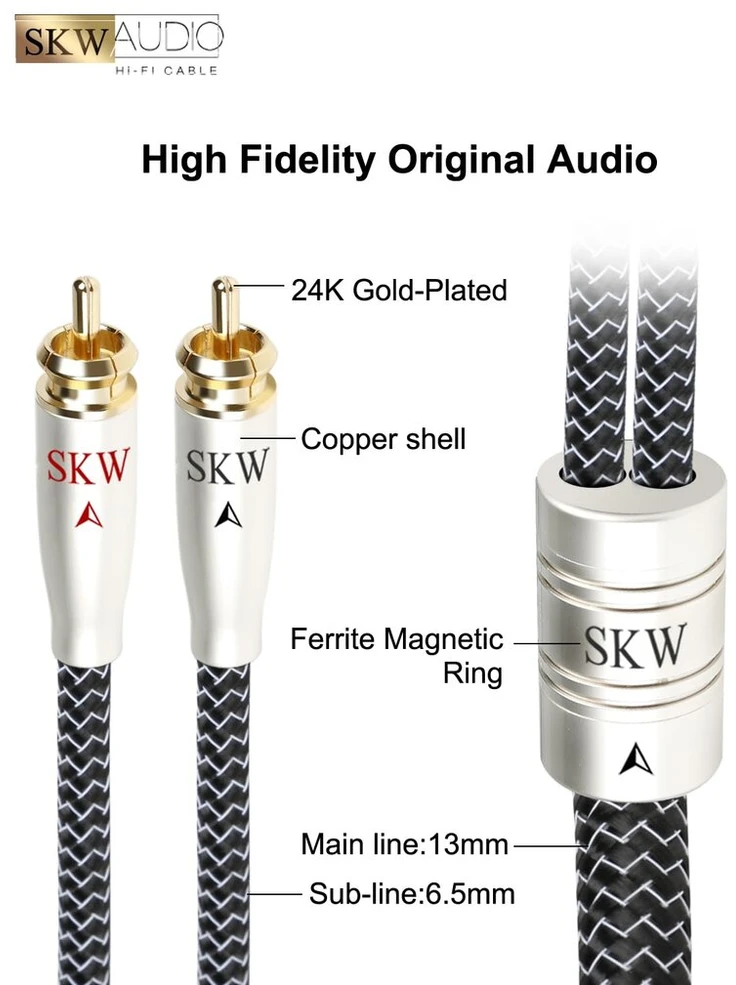 Skw aukštos klasės rca audio kabelis, variniai ir sidabriniai vytos vielos, 2 x rca į 2 x rca kabelis, suderinamas su cd, stiprintuvu, dekoderiu - 1.5 m