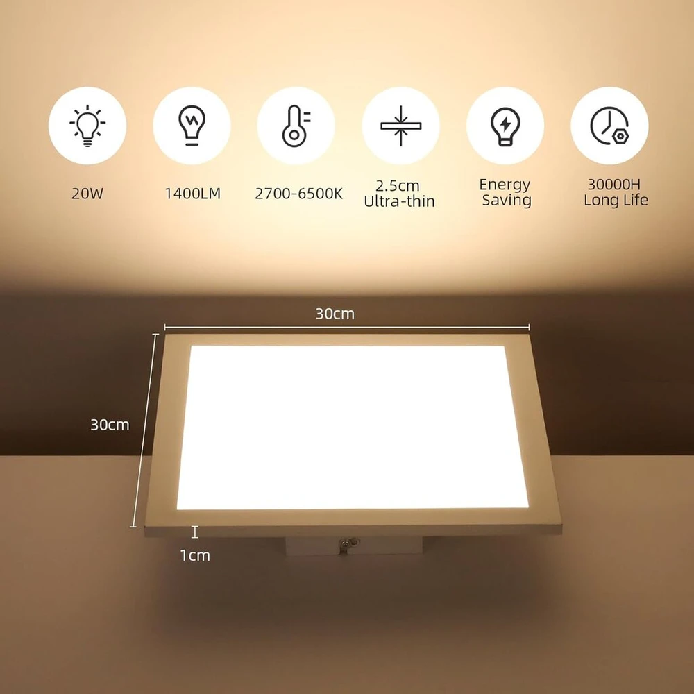 Slevoo pritemdomas led lubinis šviestuvas Flat, 20 W modernus lubinis šviestuvas su nuotoliniu valdymu, spalvos temperatūra 2700 K - 6500 K reguliuojama panelė virtuvei, svetainei, miegamajam, prieškambariui, 30 x 30 cm