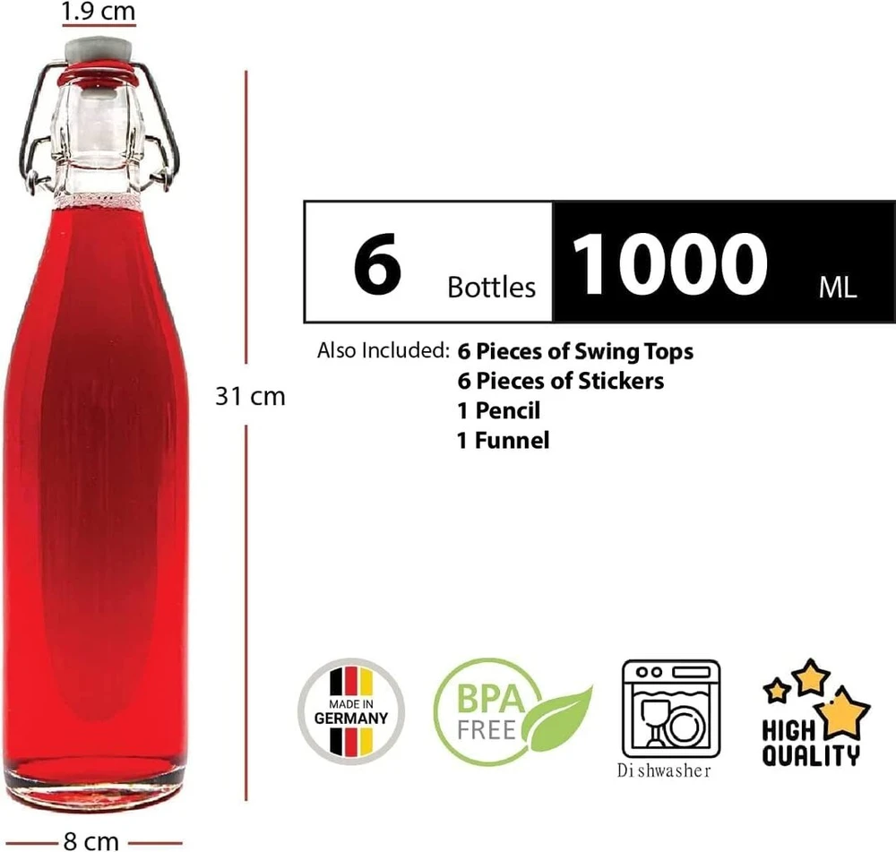 Slkfactory stiklinis butelis su užsukamu dangteliu, tuščias stiklinis butelis su užsukamu dangteliu vynui, šnapsui, actui, aliejui, stikliniai buteliai 6 x 1000 ml, skaidrus