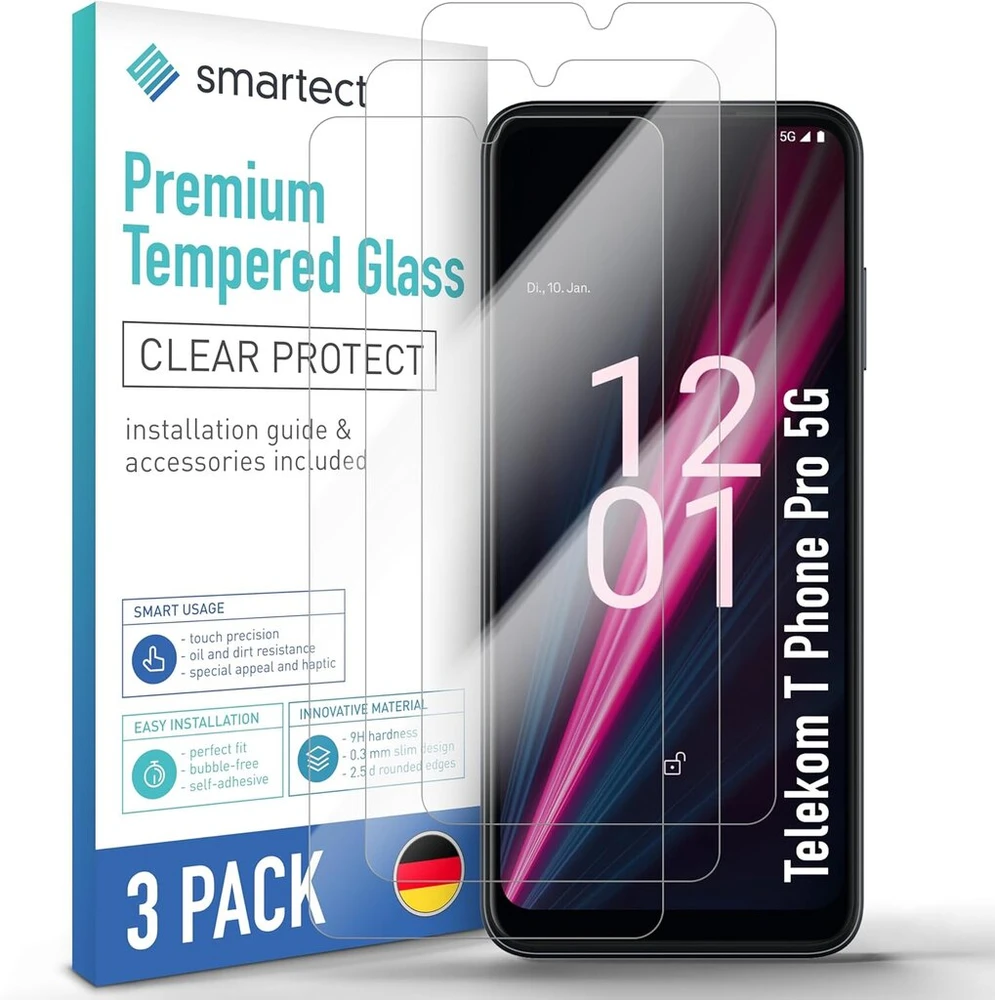 Smartect apsauginis stiklas [3 vnt., skaidrus] suderinamas su telekom t phone pro 5g, hd ekrano apsauga, atsparus įbrėžimams, be burbuliukų, 9h kietumas, 0,3 mm itin skaidrus, itin atsparus
