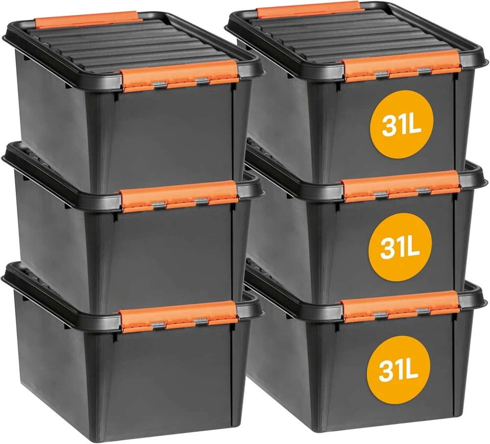 Smartstore didelės talpos dėžės su dangčiais - 6 vnt. rinkinys įrankiams laikyti - tvirta 31l dėžė - susideda viena ant kitos - be Bpa plastiko - 50 x 39 x 26 cm - juoda