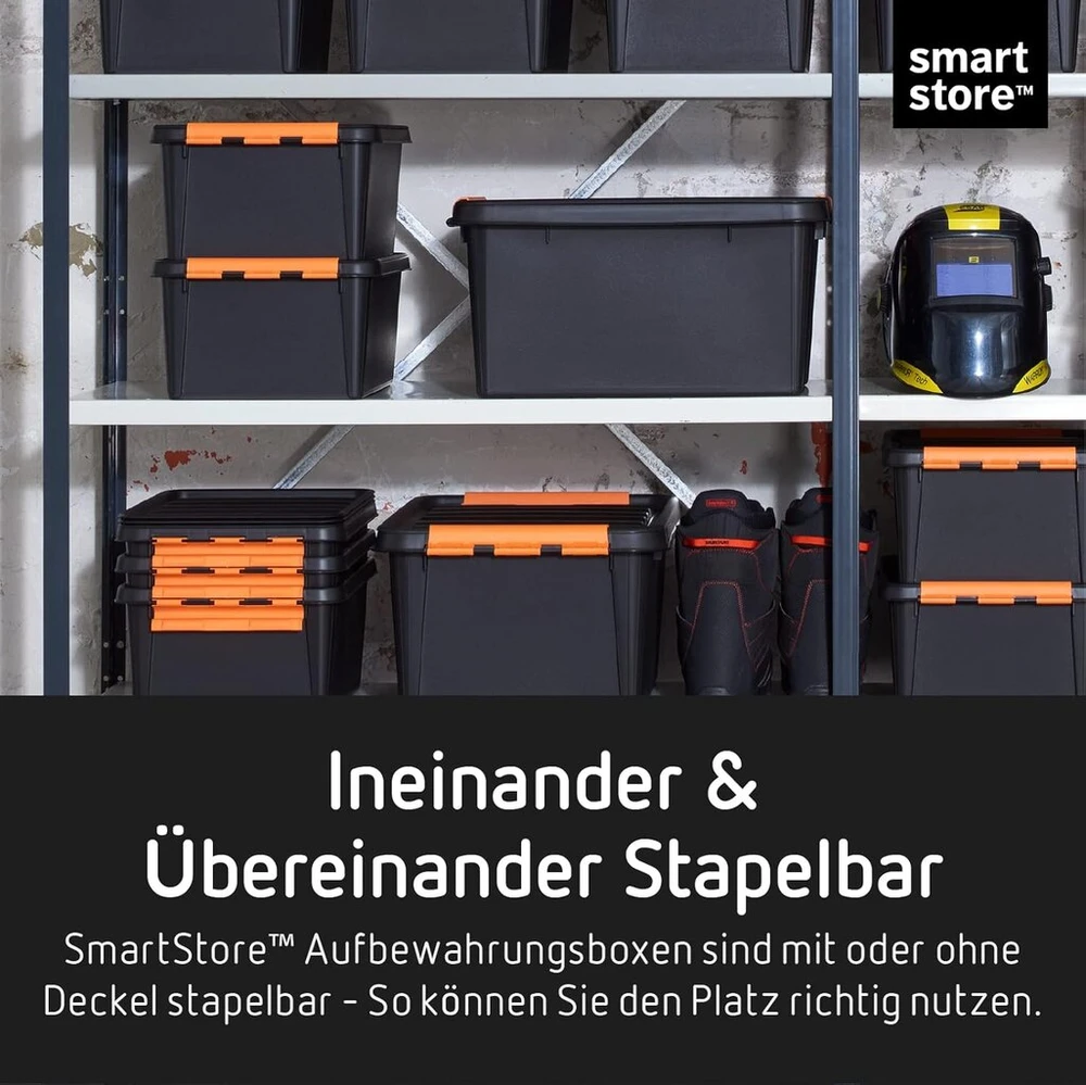 Smartstore didelės talpos dėžės su dangčiais - 6 vnt. rinkinys įrankiams laikyti - tvirta 31l dėžė - susideda viena ant kitos - be Bpa plastiko - 50 x 39 x 26 cm - juoda