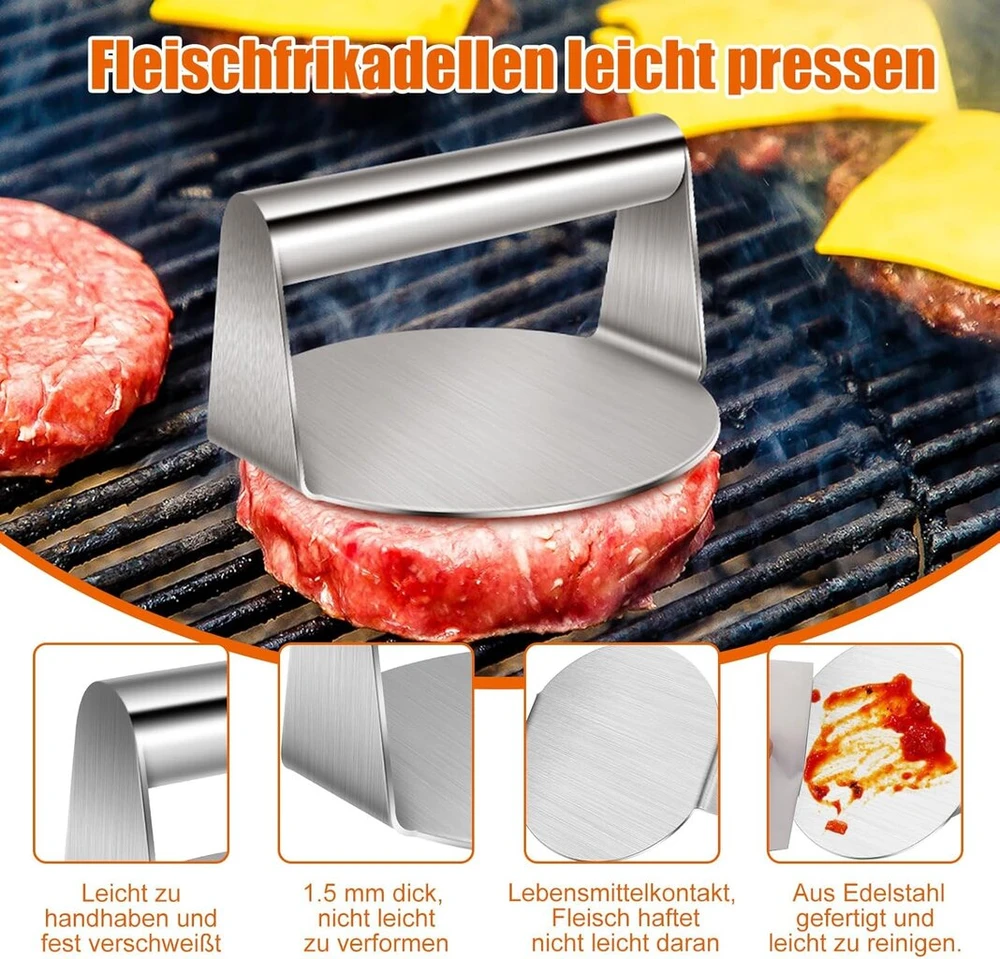 Smash burger rinkinys, nerūdijančio plieno grilio mentelė ir 14 cm smash burger preso įrankis, didelė grilio mentelė, mentelė su kepimo šepetėliais lauko ir vidaus teppanyaki Bbq kepsnių picų kepimui
