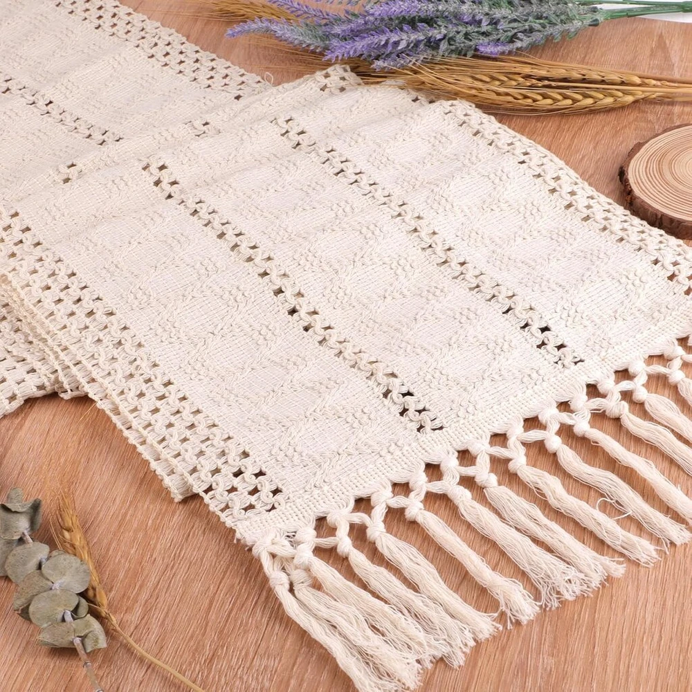 Smėlio spalvos boho stalo takelis, medvilninis stalo takelis su rankų darbo kutais, stačiakampis nėriniuotas nėrinys, tuščiavidurė tinklinė staltiesė, macrame stalo takelis, vintažinis kaimiškam boho vestuvių stalo dekorui, 30 x 180 cm