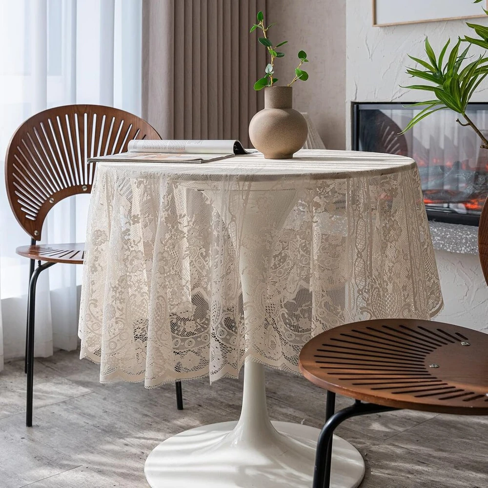 Smėlio spalvos nėriniuota staltiesė, siuvinėta elegantišku gėlių raštu, apvali staltiesė vestuvių vakarėliui, šventėms, ilgai vakarienei, namų dekorui (apvali - 150 cm/60 colių, smėlio spalvos)