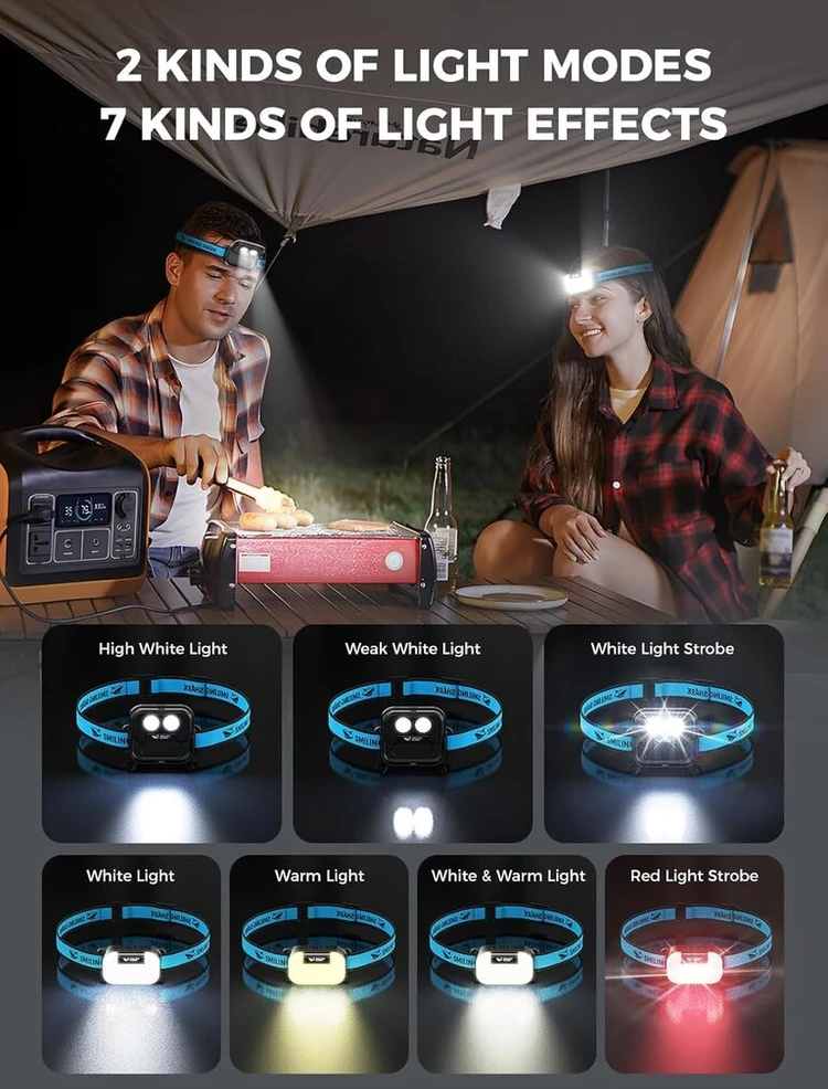 Smiling Shark Td-0151 Led galvos žibintas, Usb galvos žibintas, įkraunamas atverčiamas dizainas su balta, šilta ir raudona prožektoriaus ir fokusavimo šviesa, atsparus vandeniui, lengvas bėgimui, žvejybai, bėgiojimui