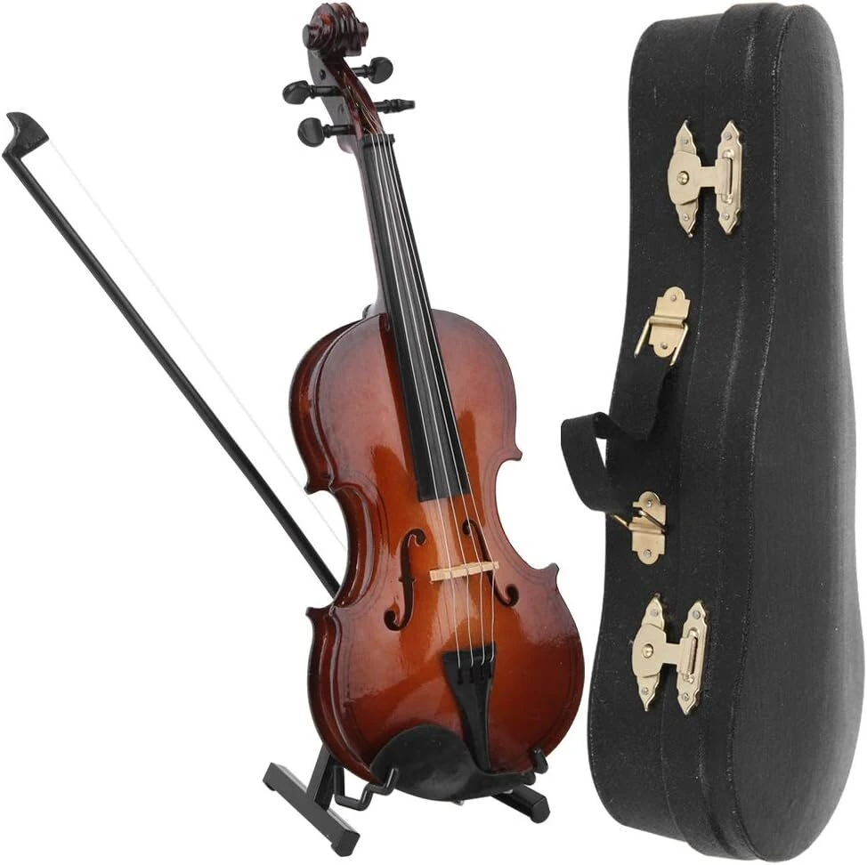 Smuiko modelio miniatiūra su dėklu, stryku ir stovu, 20 cm rankų darbo medinis smuiko dekoratyvinis ornamentas, muzikos instrumentų priedai lėlių nameliui, nuotraukų rekvizitai, namų dekoracija