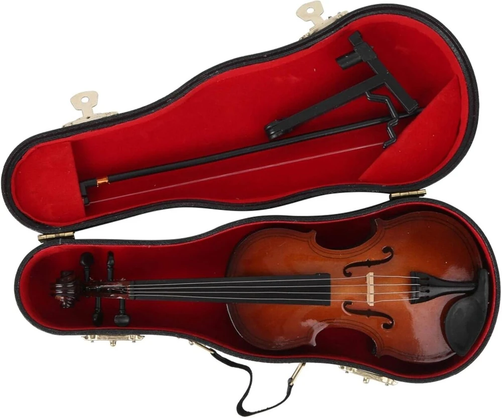 Smuiko modelio miniatiūra su dėklu, stryku ir stovu, 20 cm rankų darbo medinis smuiko dekoratyvinis ornamentas, muzikos instrumentų priedai lėlių nameliui, nuotraukų rekvizitai, namų dekoracija