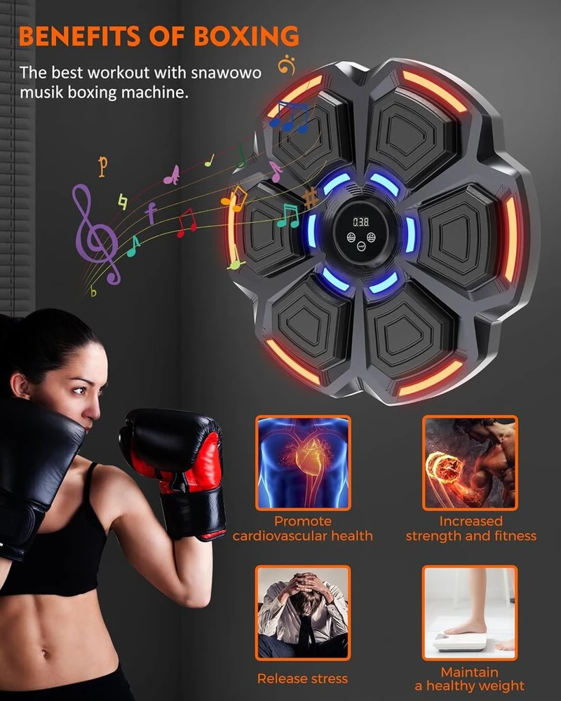 Snawowo muzikos bokso treniruoklis suaugusiems - led šviesos elektroninis bokso treniruoklis su muzikos bokso pirštinėmis - bluetooth muzikos bokso treniruoklis su 9 greičio režimais ir skaičiavimo režimu