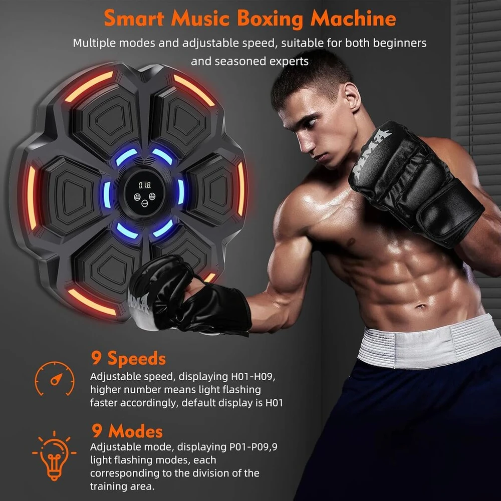 Snawowo muzikos bokso treniruoklis suaugusiems - led šviesos bluetooth muzikos bokso treniruoklis su bokso pirštinėmis, elektroninis bokso treniruoklis su muzikos dėžėmis, 9 greičio režimais ir skaičiavimo režimu