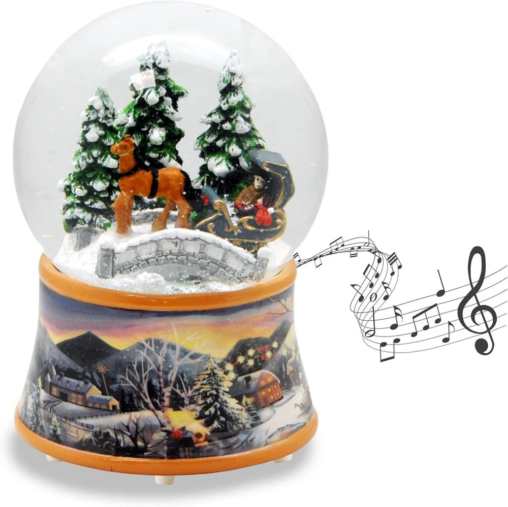 Sniego gaublys karieta virš tilto | nostalgiškas žiemos peizažas ochros spalvos pagrindu | su muzikos dėžute | purtomas kalėdinis dekoras | P: 10 cm A: 14 cm | 20258