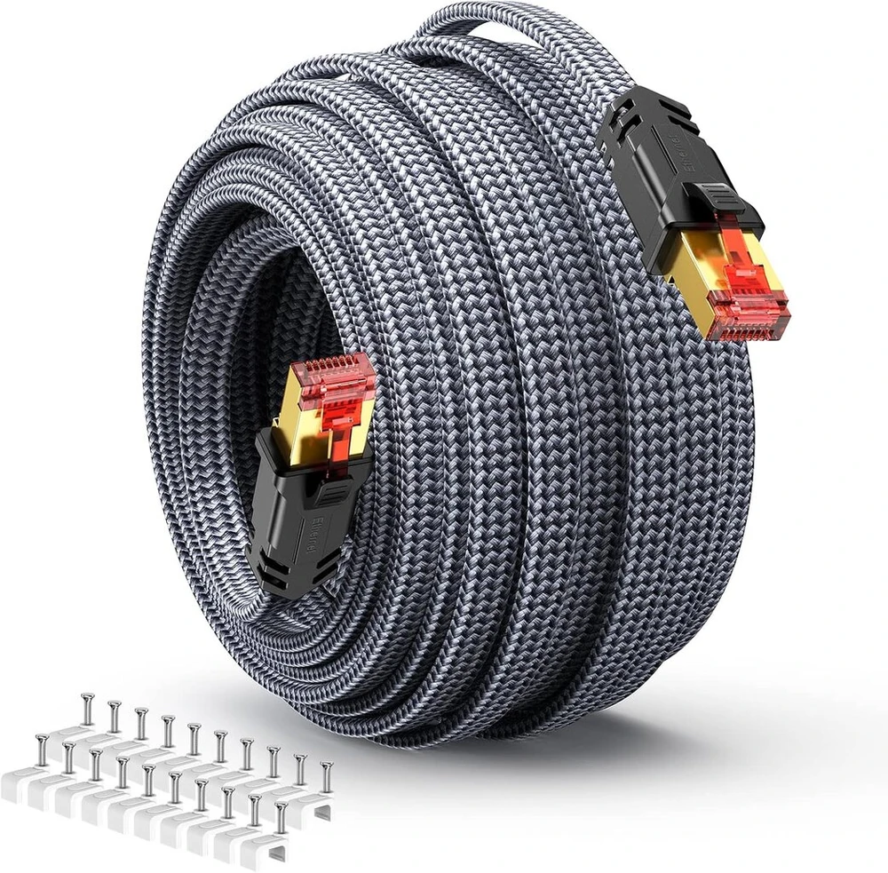 Snowkids Cat 8 tinklo kabelis 15 m, 40 gbps lan kabelis didelio greičio 2000 mhz s/ftp ethernet kabelis gigabit rj45 nailono pintas paauksuotas patch kabelis, skirtas ps5/4 maršrutizatoriui modemui tv jungikliui nešiojamam kompiuteriui