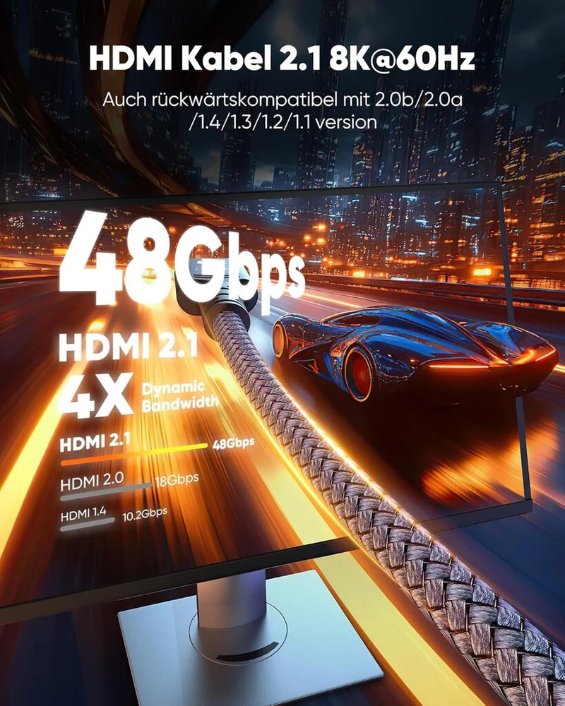 Snowkids hdmi 2.1 kabelis 8k 5 m, 48 gbps didelės spartos hdmi kabelis nailono pynė 8k@60 hz 4k@120 hz 7680p, skirtas ps5 konsolei, dts: x, hdcp 2.2 ir 2.3, hdr 10, earc, dynamic hdr, suderinamas su ps5/4/3 hdtv