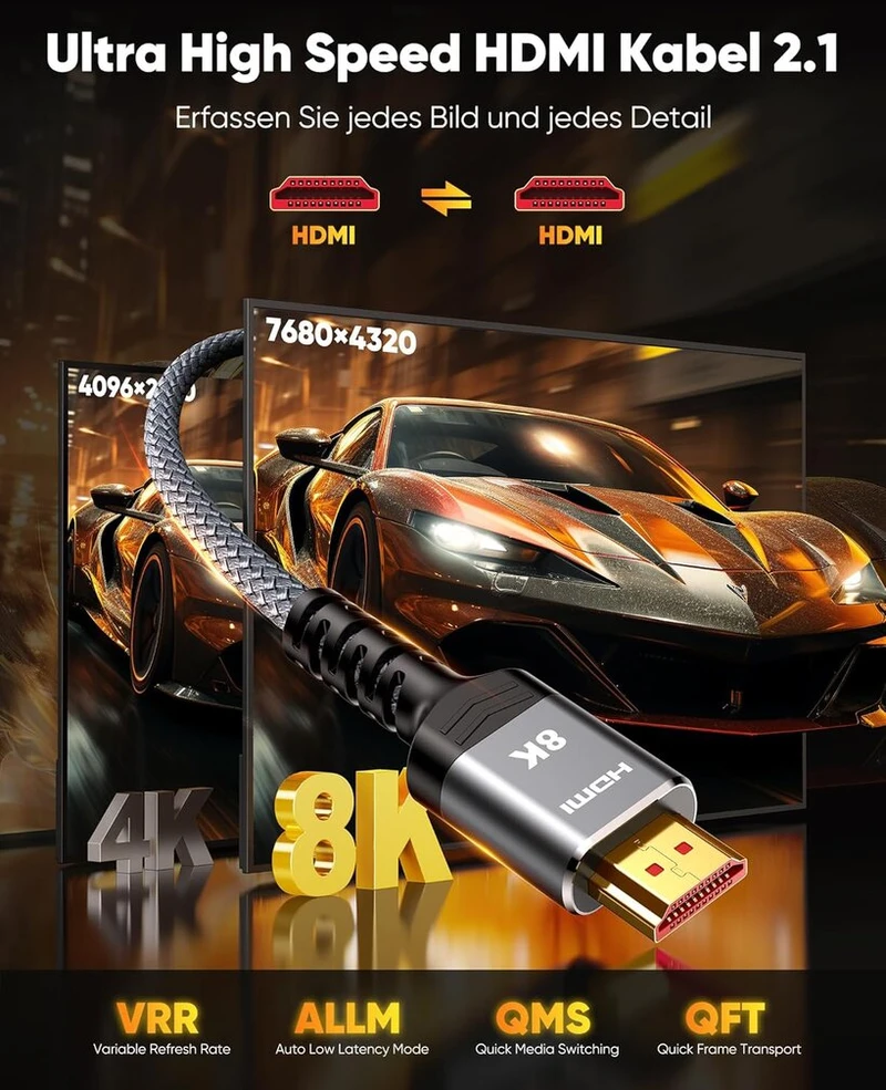 Snowkids hdmi 2.1 kabelis 8k 5 m, 48 gbps didelės spartos hdmi kabelis nailono pynė 8k@60 hz 4k@120 hz 7680p, skirtas ps5 konsolei, dts: x, hdcp 2.2 ir 2.3, hdr 10, earc, dynamic hdr, suderinamas su ps5/4/3 hdtv