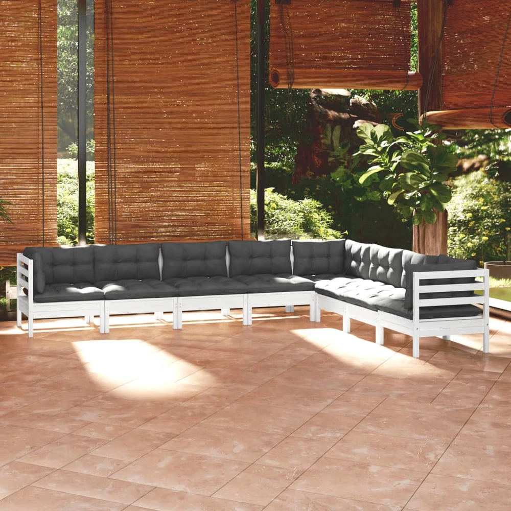Lauko baldų komplektas Sodo komplektas su pagalvėmis, 8 dalių, baltas, pušies masyvas