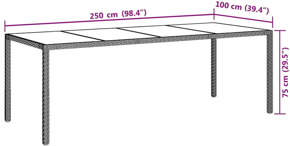 Sodo stalas, smėlio spalvos, 250x100x75cm, stiklas/poliratanas