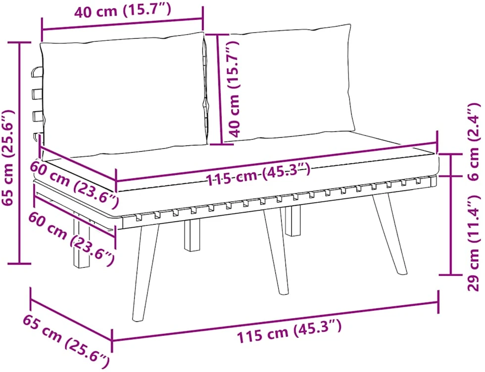 Sodo suoliukas su pagalvėlėmis, 115cm, akacijos masyvas