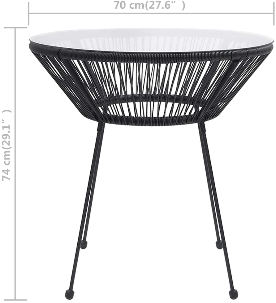 Sodo valgomojo stalas, juodas, 70x74cm, ratanas ir stiklas