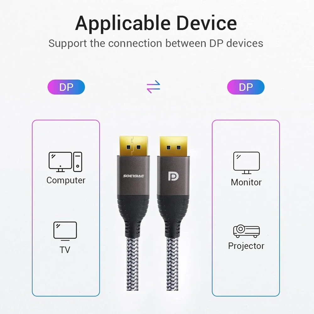 Soeybae Displayport kabelis 2 m, 4k @ 60hz ir 2k @ 144hz, nailono pynė, Dp kabelis, tinkamas žaidimų monitoriui, televizoriui, kompiuteriui, vaizdo plokštei