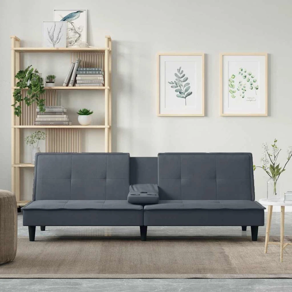 Fotelis Sofa-lova su puodelių laikikliais, tamsiai pilka, aksomas