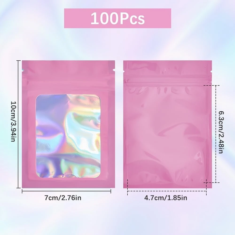 Sofplate 100 vnt. 3 x 4 ziplock folijos maišelių rinkinys, holografiniai maži dovanų maišeliai, didelis kiekis, daugkartinio uždarymo, kvapui atsparūs, vaivorykštės spalvų plastikiniai pavyzdžių pakavimo maišeliai vakarėliams