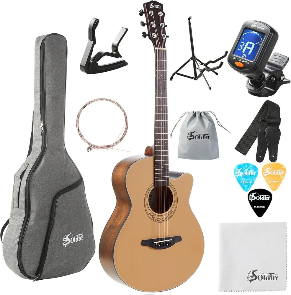 Soldin 40 colių akustinė gitara, aukščiausios kokybės eglės viršutinė dalis, cutway acustica guitarra rinkinys su dėklu, gitaros stovu, derintuvu, dirželiu, kapodasteriu, stygomis, valymo šluoste ir kirtikliais (natūrali)