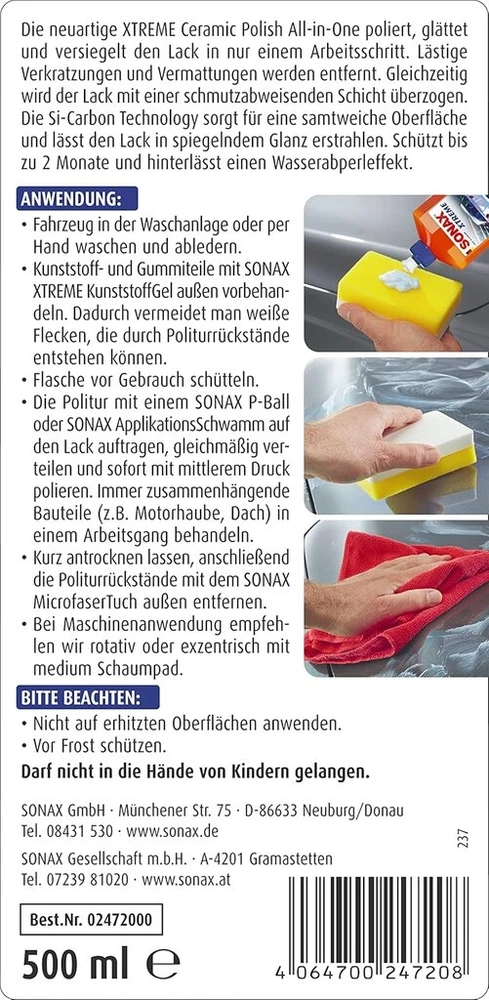 Sonax Xtreme Ceramic poliravimo priemonė automobiliams, viskas viename, pašalina įbrėžimus ant matinių, paveiktų oro sąlygų ir netvarkingų dažų – prekės Nr. 02472000, 500 ml