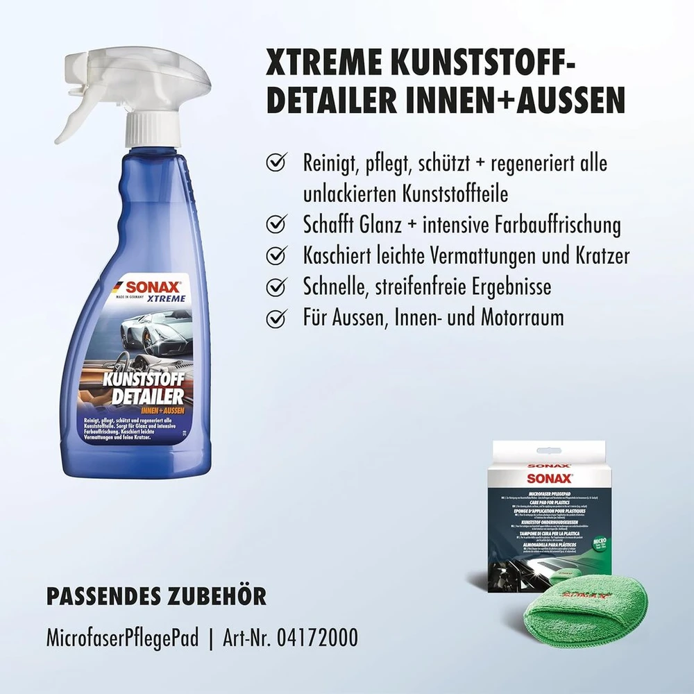 Sonax Xtreme priemonė plastikui, skirta vidaus ir išorės valymui, priežiūrai ir apsaugai visai transporto priemonei (500 ml), prekės Nr. 02552410.