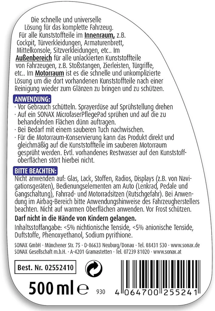 Sonax Xtreme priemonė plastikui, skirta vidaus ir išorės valymui, priežiūrai ir apsaugai visai transporto priemonei (500 ml), prekės Nr. 02552410.