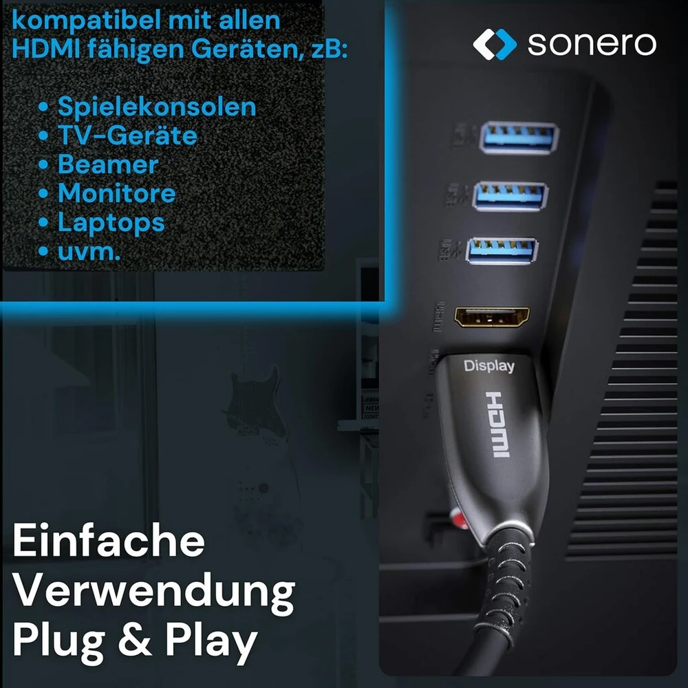 Sonero 15m Hdmi 2.0b šviesolaidinis kabelis, 4k Uhd, 18gbps