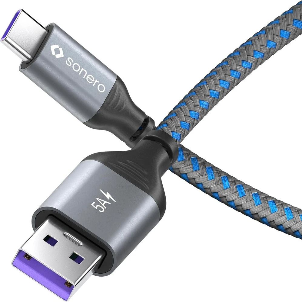 Sonero® usb-c į usb-a įkrovimo laidas, mobiliojo telefono įkrovimo laidas, greito įkrovimo laidas usb c, usb kabelis type c, usb 2.0, 5v/5a, pilka/mėlyna, 1,00 m