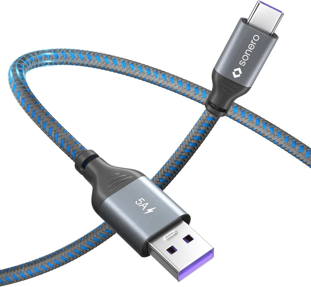Sonero® usb-c į usb-a įkrovimo laidas, mobiliojo telefono įkrovimo laidas, greito įkrovimo laidas usb c, usb kabelis type c, usb 2.0, 5v/5a, pilka/mėlyna, 1,00 m