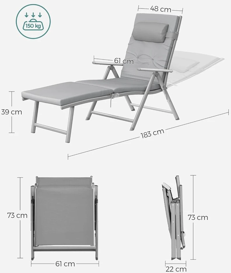 Songmics Gcb24gy Gultas krėslas, sulankstomas, su 6 cm storio čiužiniu, nuimama pagalve, pagamintas iš nerūdijančio aliuminio, kvėpuojantis, patogus, reguliuojamas, gali atlaikyti iki 150 kg, dūmų pilka